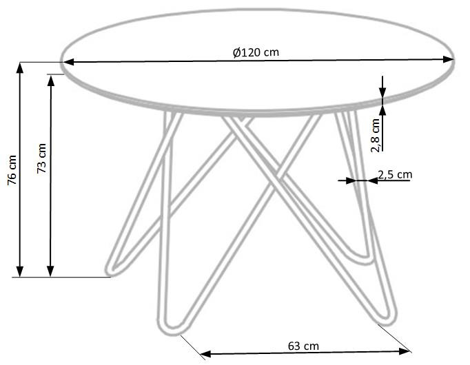 Wymiarowanie stołu z okrągłym blatem marmurowym i złotymi, geometrycznymi nogami.