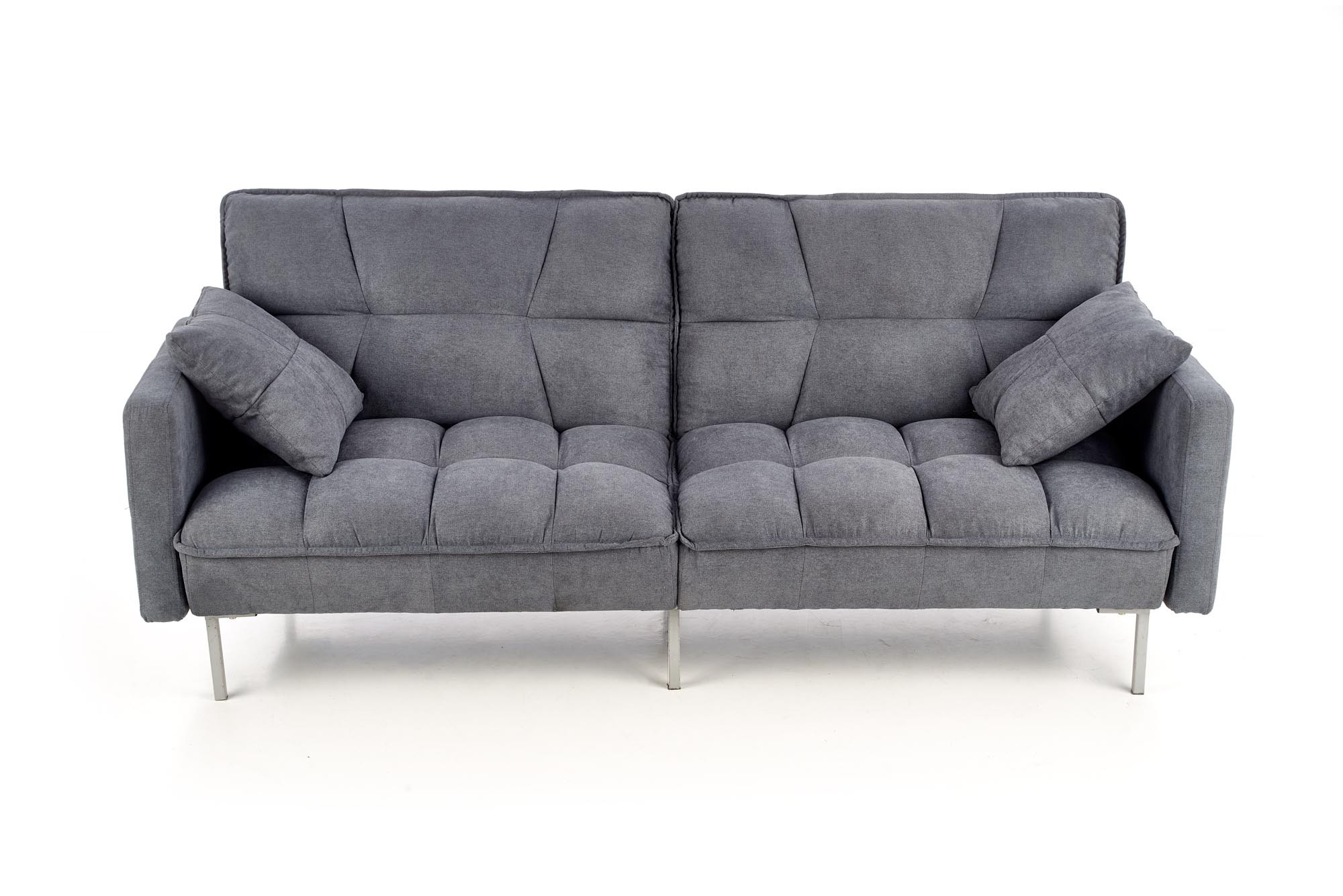Popielata rozkładana sofa Rupert z poduszkami – widok z przodu.