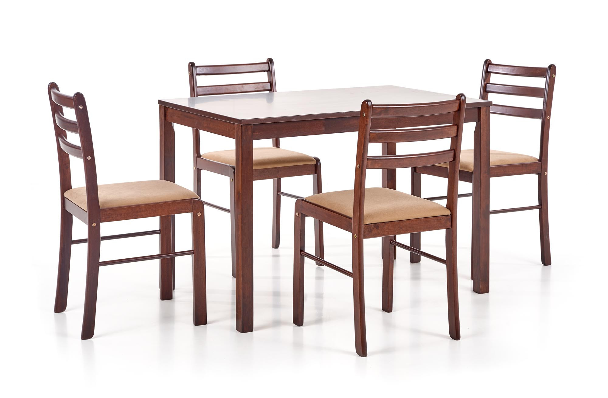 Stół Aurora 110 cm espresso z czterema krzesłami, klasyczny design – widok z przodu.