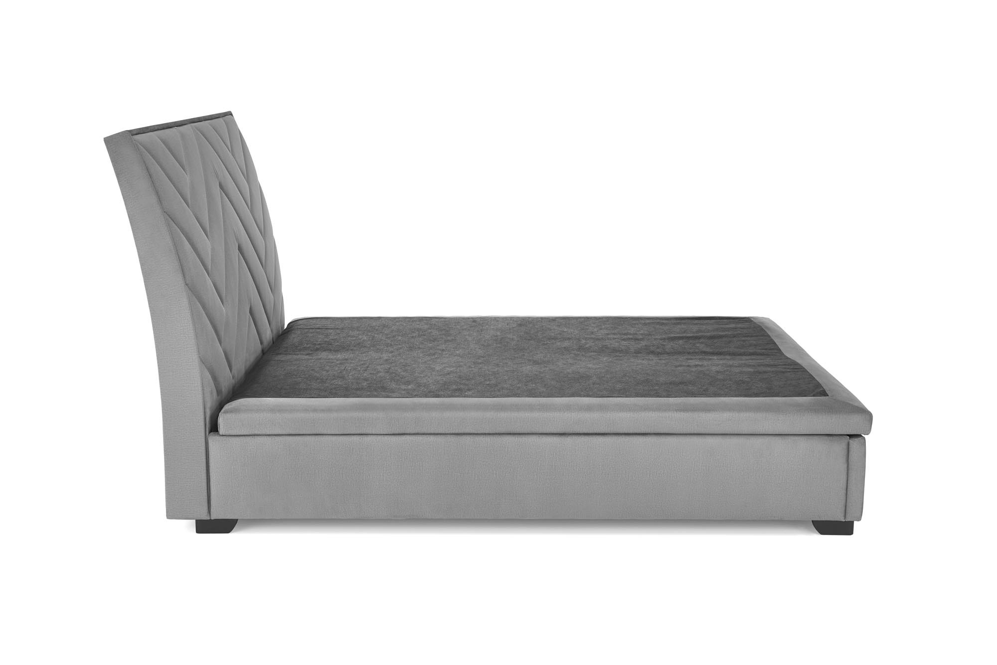 Widok z boku łóżka Azurro 160 cm z pojemnikiem na pościel, popiel velvet, lite drewno.