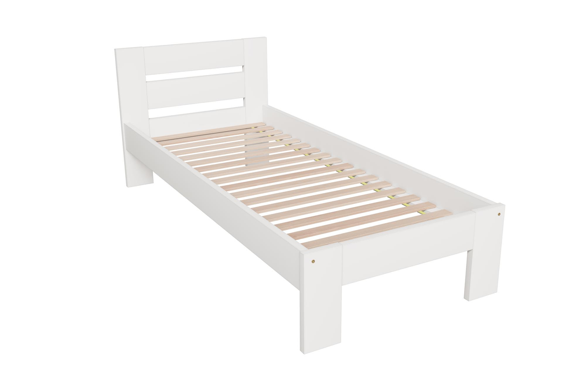 Białe łóżko bukowe MAVIRO 90x200 cm ze stelażem – widok z boku.