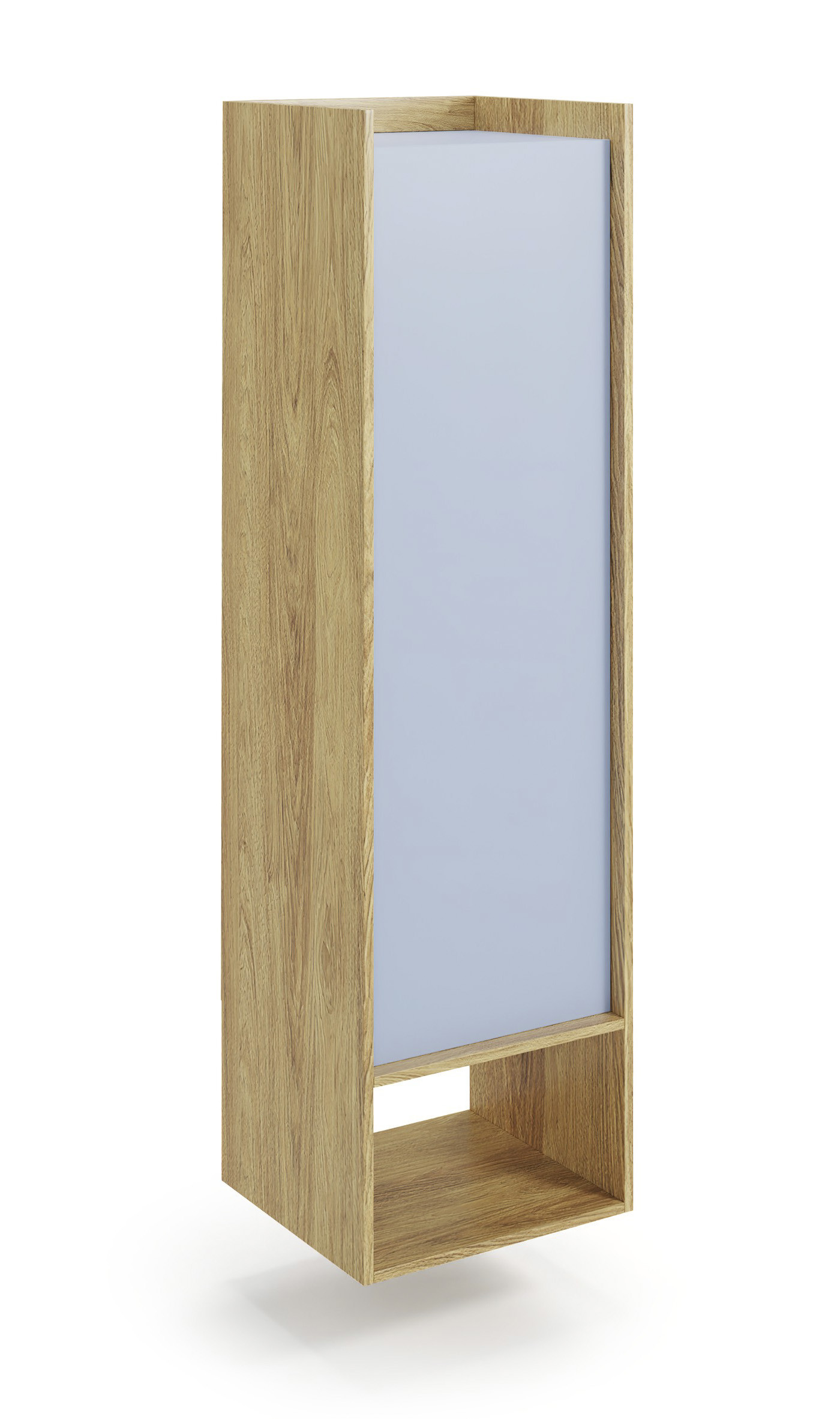 Wysoka szafka Plento 50x41x179 cm, naturalna hikora, niebieskie fronty – widok z przodu.