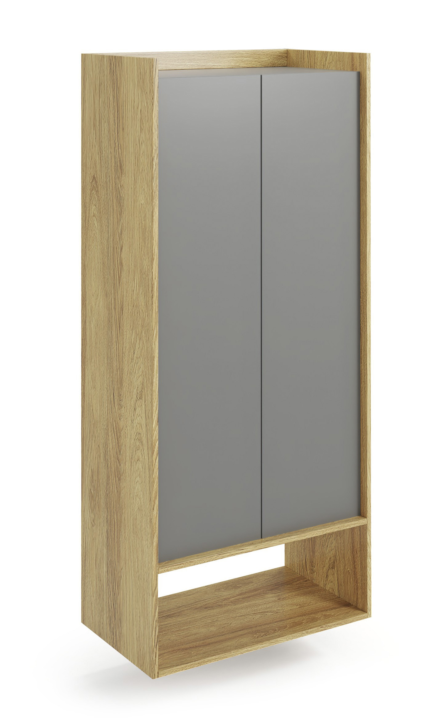 Wysoka szafka Plento 78x41x179 cm, hikora naturalna, szare fronty – widok z przodu.