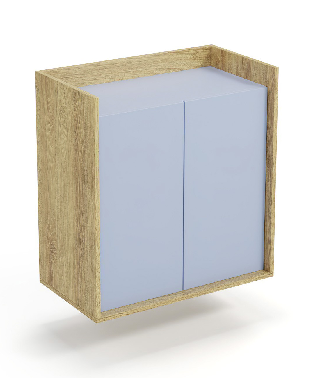 Szafka Plento 78x41x83 cm, hikora naturalna, fronty niebieski horyzont – widok z przodu.