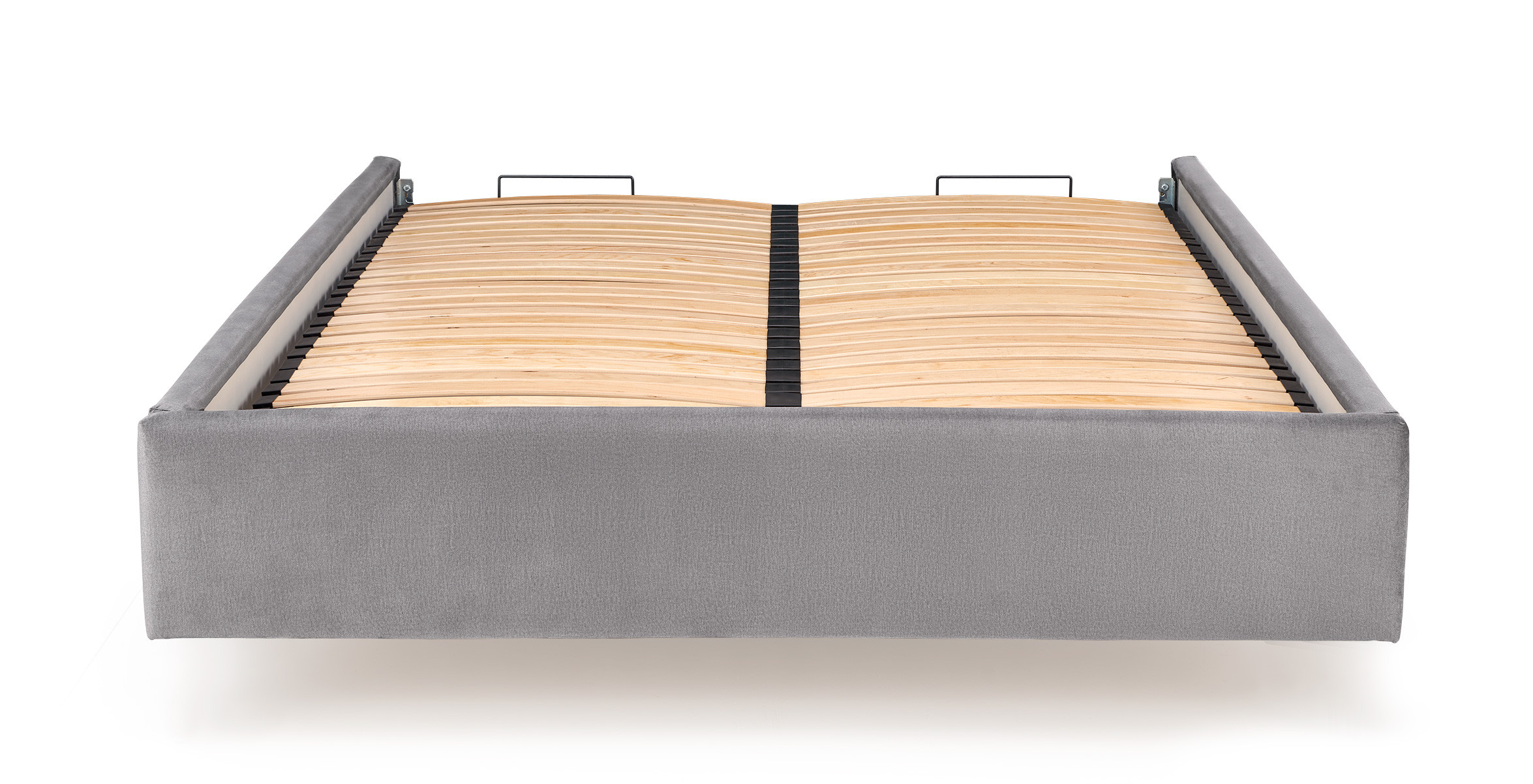Przedni widok ramy łóżka Sereno z pojemnikiem, szary velvet, minimalistyczny design.