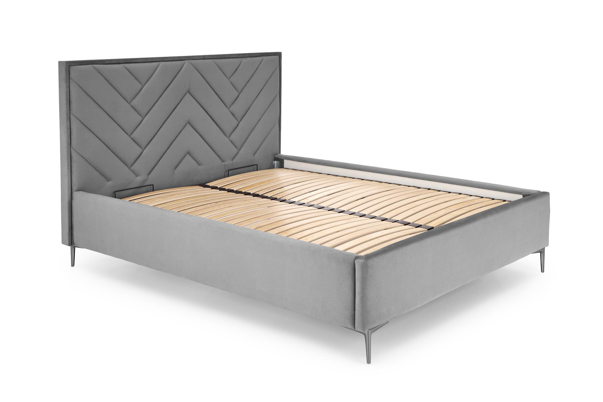 Wymiarowanie korpusu łóżka Sereno z pojemnikiem, popiel velvet, minimalistyczny design – widok z boku.