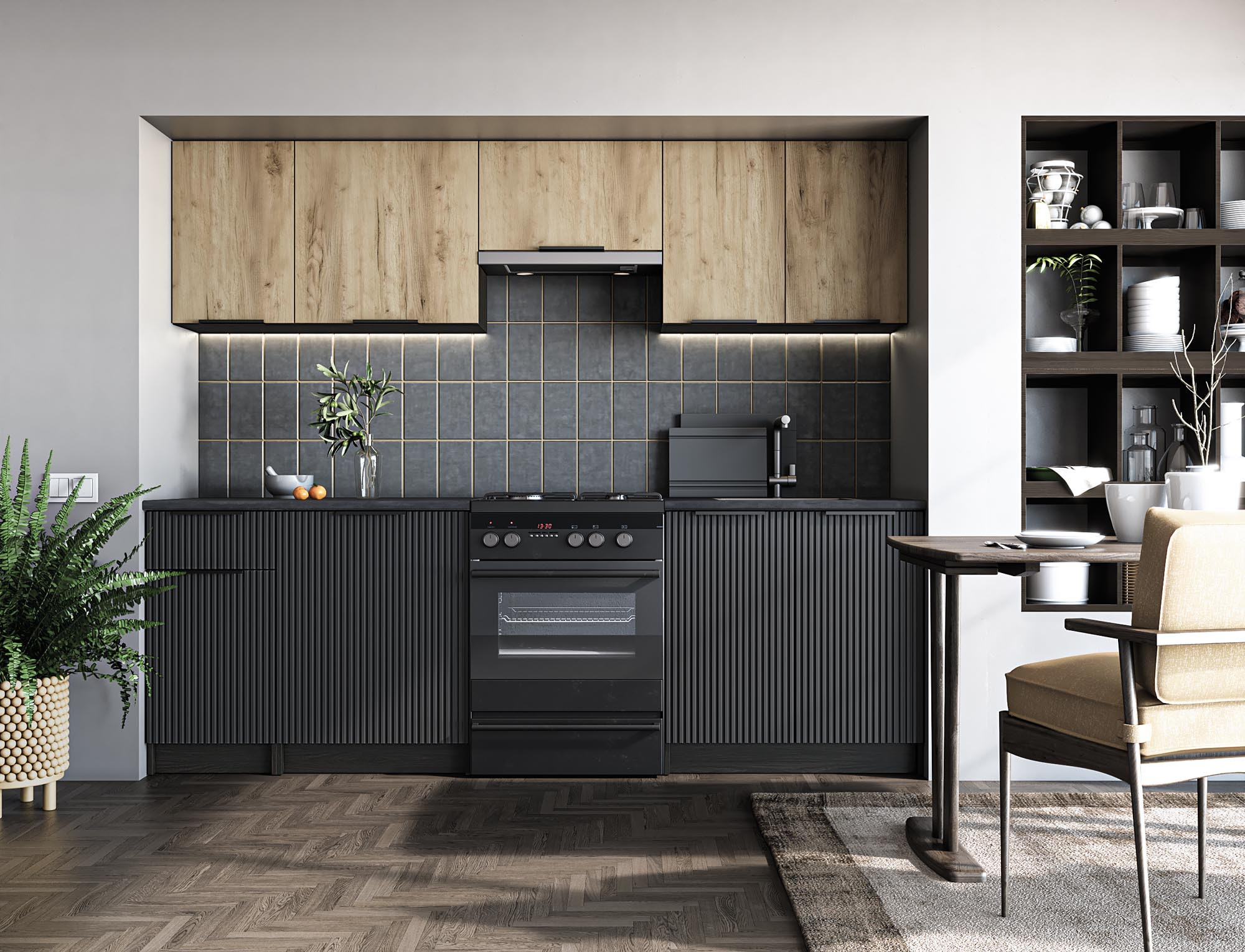 Kuchnia Zofia 240 cm, dąb artisan, czarny carbon wood – widok z przodu.