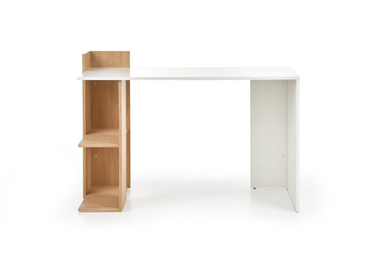 Widok z przodu biurka Rose z półką w kolorze dąb złoty i biały, minimalistyczny design.