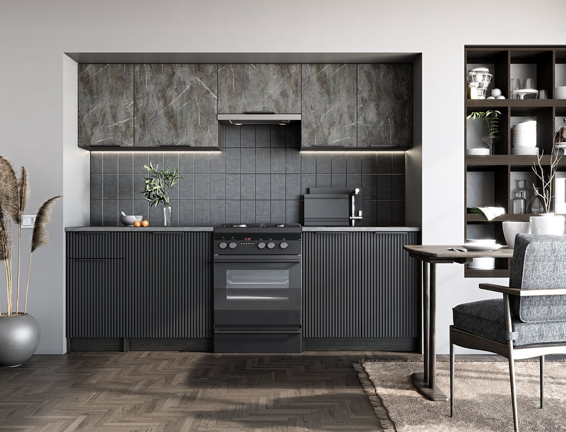 Zestaw kuchenny QUITO240, popielaty marmur i czarny carbon wood – widok z przodu.