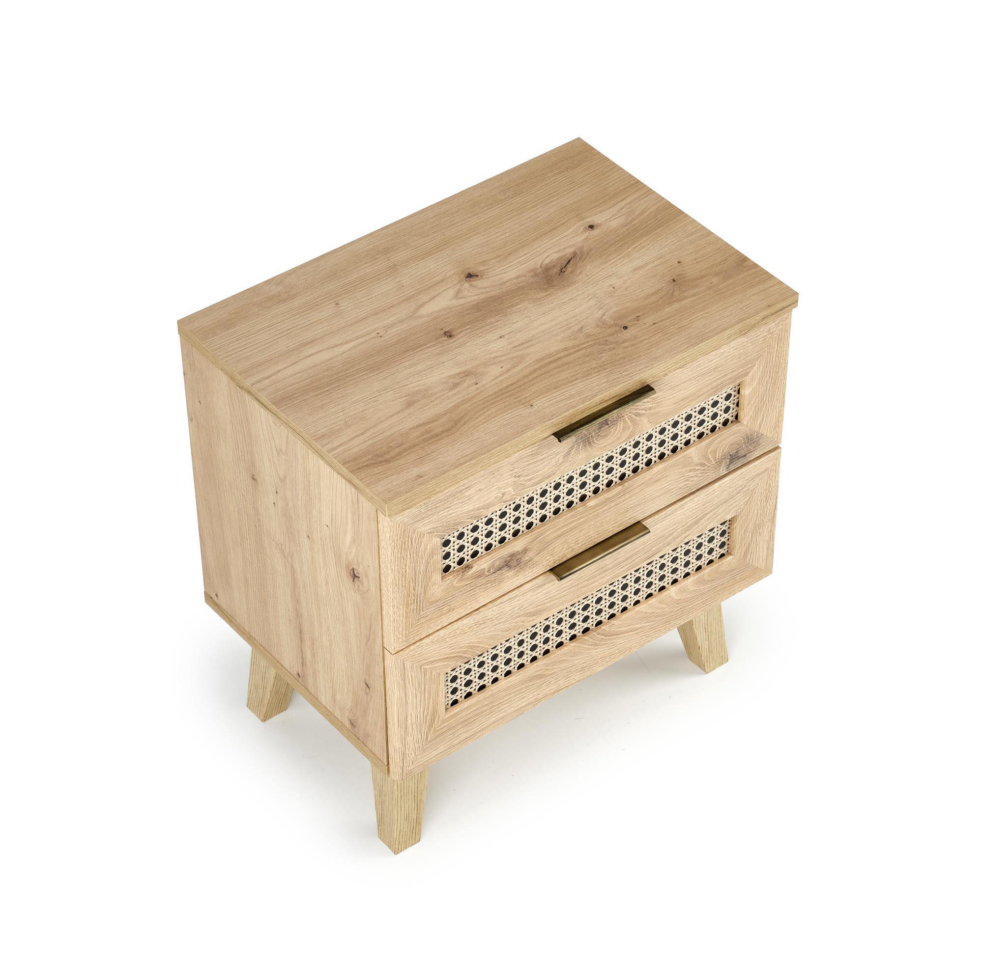 Widok z góry szafki nocnej ERONO w kolorze dąb artisan z frontami w stylu plecionki.