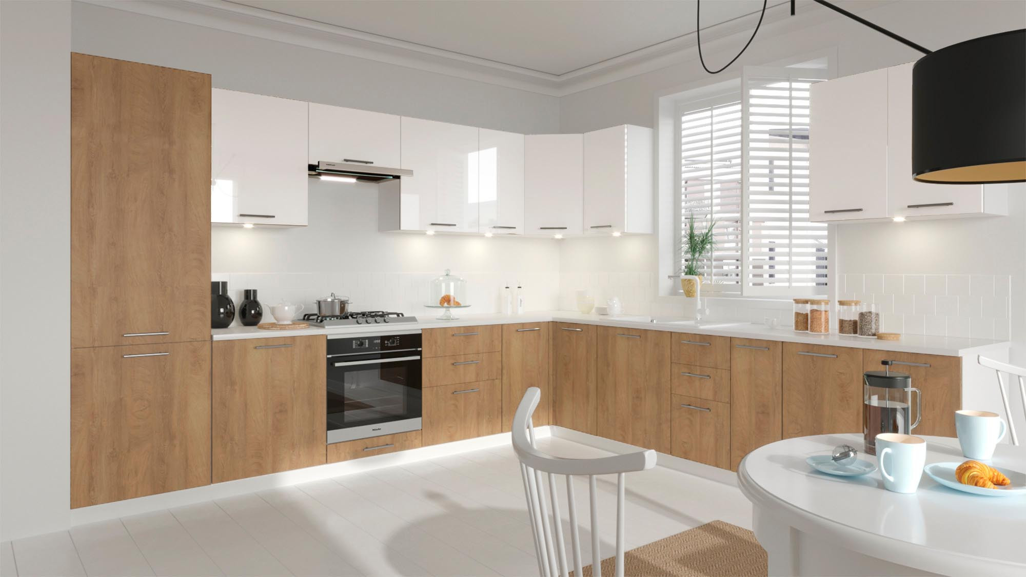 Przykładowa aranżacja kuchni wykonanej z szafek z serii Salome z frontami górnymi w kolorze białym oraz frontami dolnymi w kolorze dąb miodowy mat.