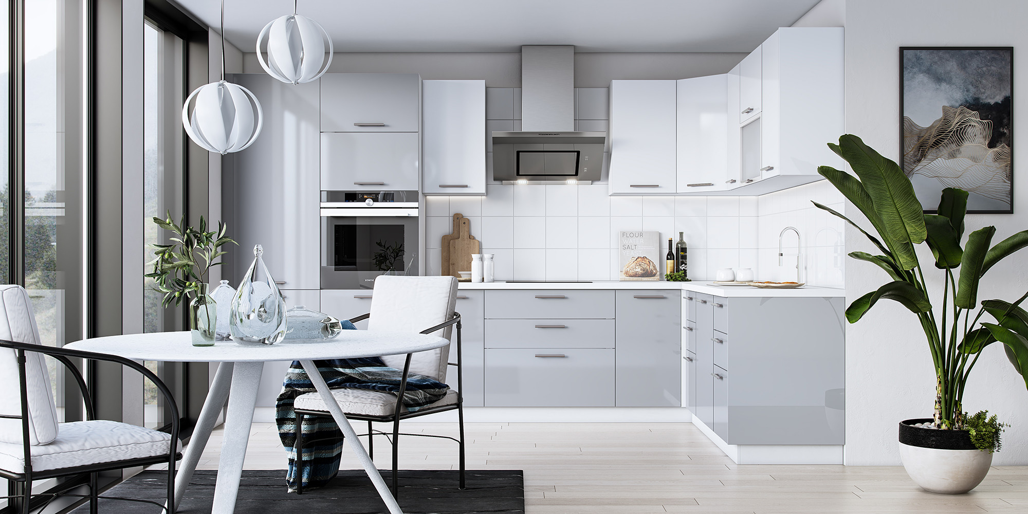 Przykładowa aranżacja kuchni wykonanej z szafek z serii Salome z frontami górnymi w kolorze białym oraz frontami dolnymi w kolorze jasny popiel.