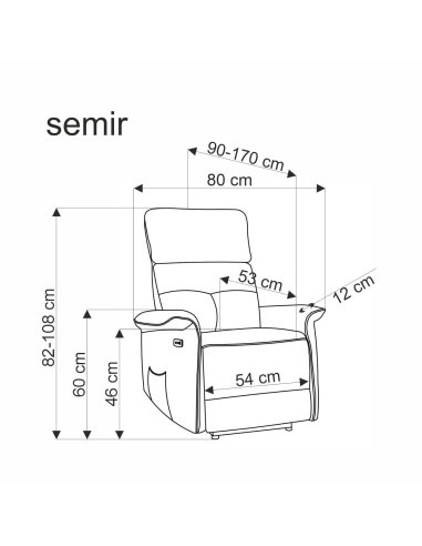 SEMIR fotel z funkcja elektrycznego rozkładania / gniazdo USB, czarny (2p 1szt)